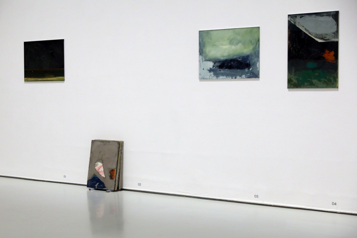 Damien Caccia, from l. to r.: "Randonnée", 2017; "Paestum", 2019; "Fin de tapisserie", 2015; "Sans titre", 2017
