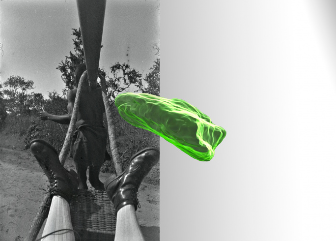 Sammy Baloji, “Hans Himmelheber, Himmelheber’s boots and tipoye bearer, DR Congo, Lele region, January 1939, scan of a Dioptase from Tantara mine, and your reflection in the mirror”, 2020