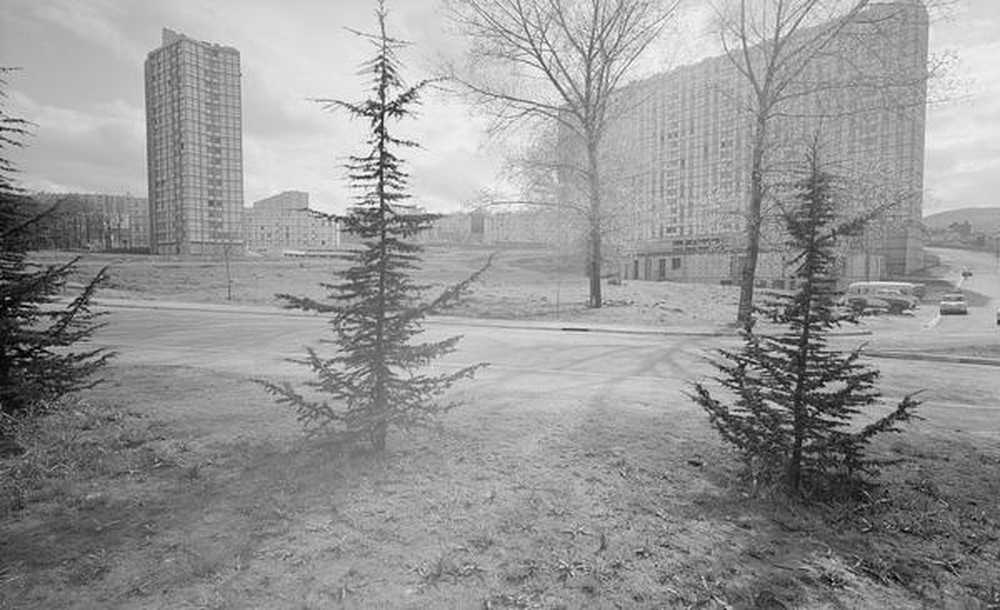 Firminy-vert : la tour Sive (André Sive), le Grand H, l'espace commercial "Rond du Mail" et les espaces verts