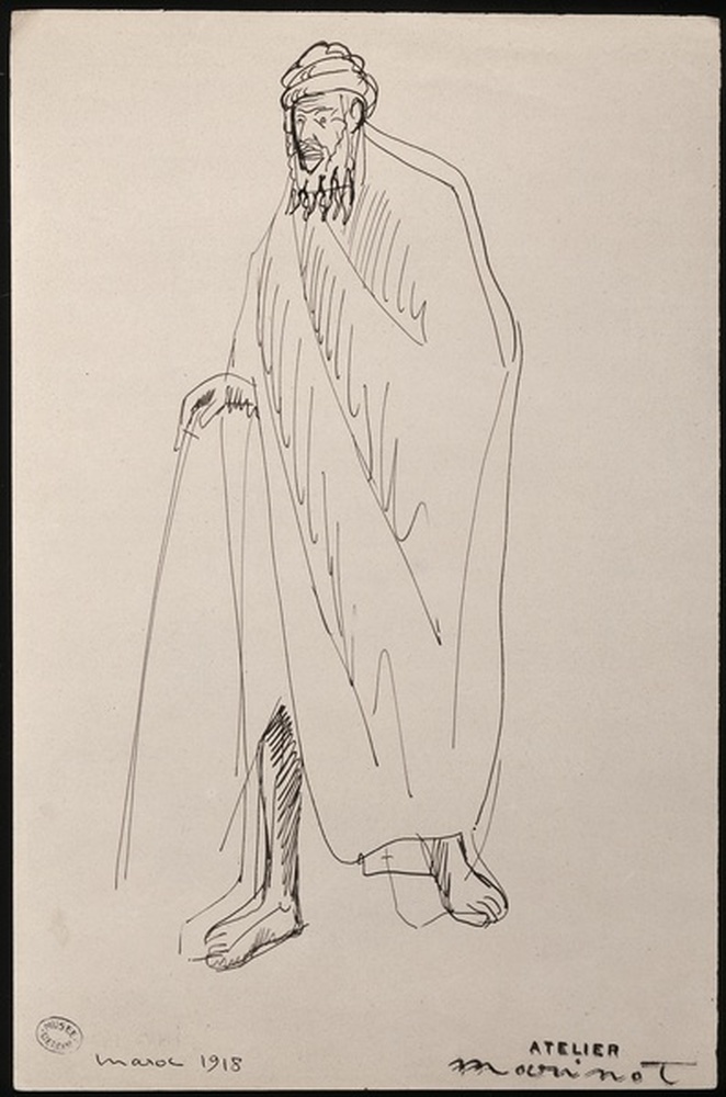 Au Maroc, arabe au bâton marchant 1918