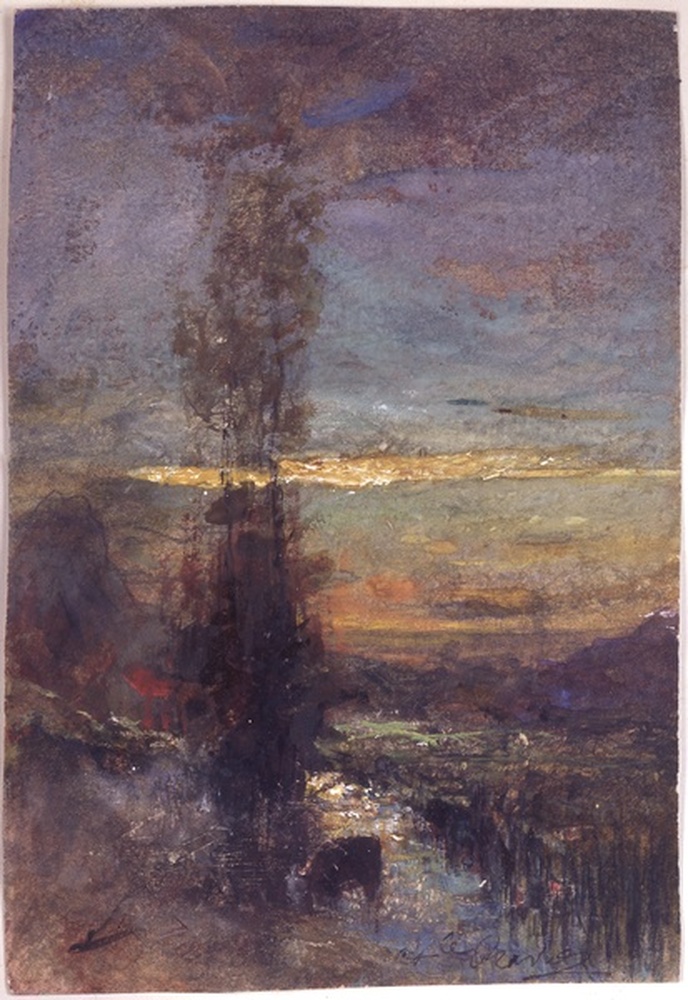 Coucher de soleil, étang, arbres et vaches
