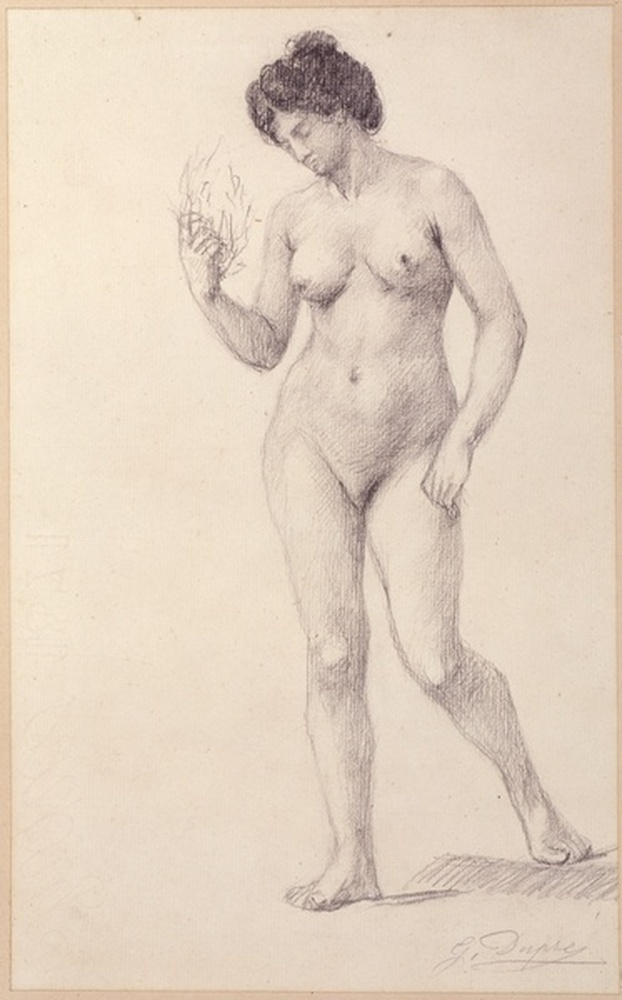 Femme nue, debout, semblant marcher, tenant un objet dans la main droite