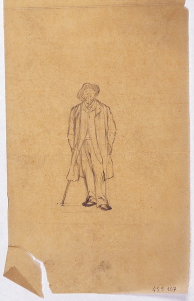 Un homme vêtu d'un manteau et coiffé d'un chapeau, derrière lui une figure casquée, dans un encadrement rectangulaire ; verso : un homme vêtu d'un manteau et coiffé d'un chapeau