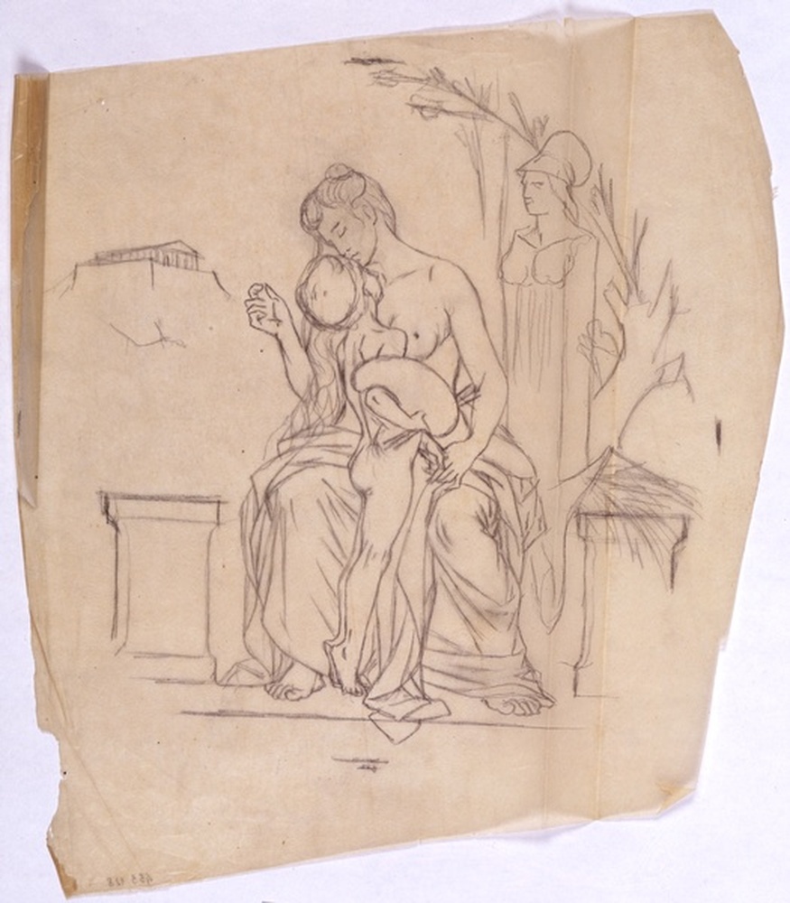Femme à demi drapée, assise, embrassée par un enfant tenant palette et pinceaux