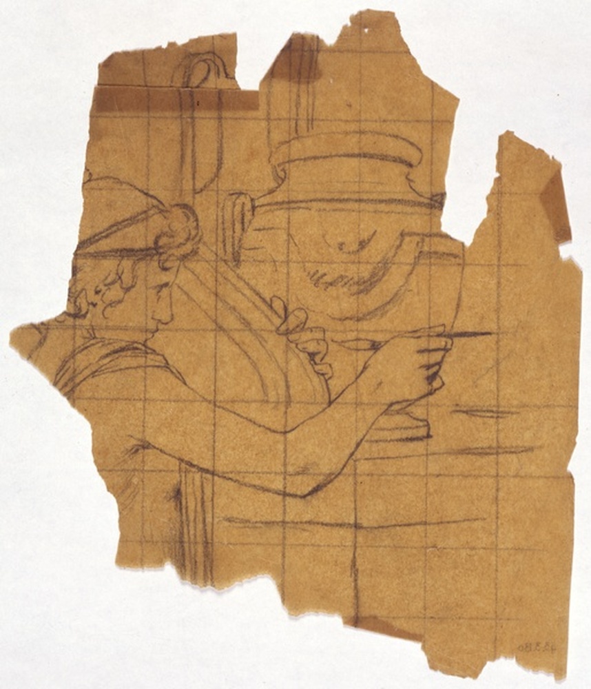 Fragment : une figure tenant un pinceau près d'un vase