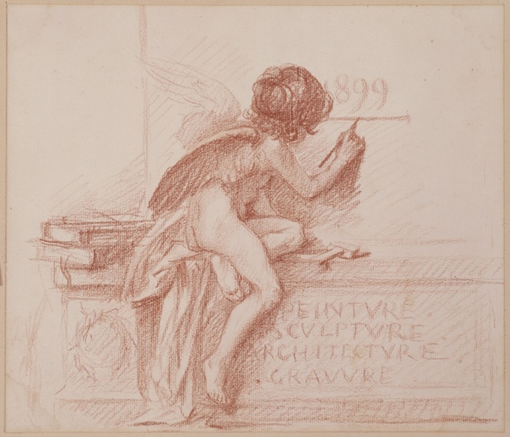 Enfant ailé, assis sur un socle, écrivant, de dos