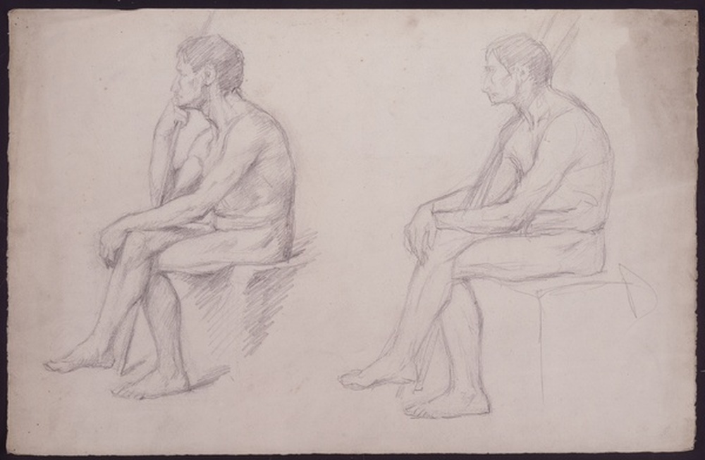 Deux études d'un homme nu assis ; verso : tête de femme de profil