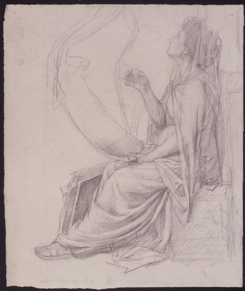 Femme assise tenant un rouleau, et esquisse d'une femme debout ; verso : croquis