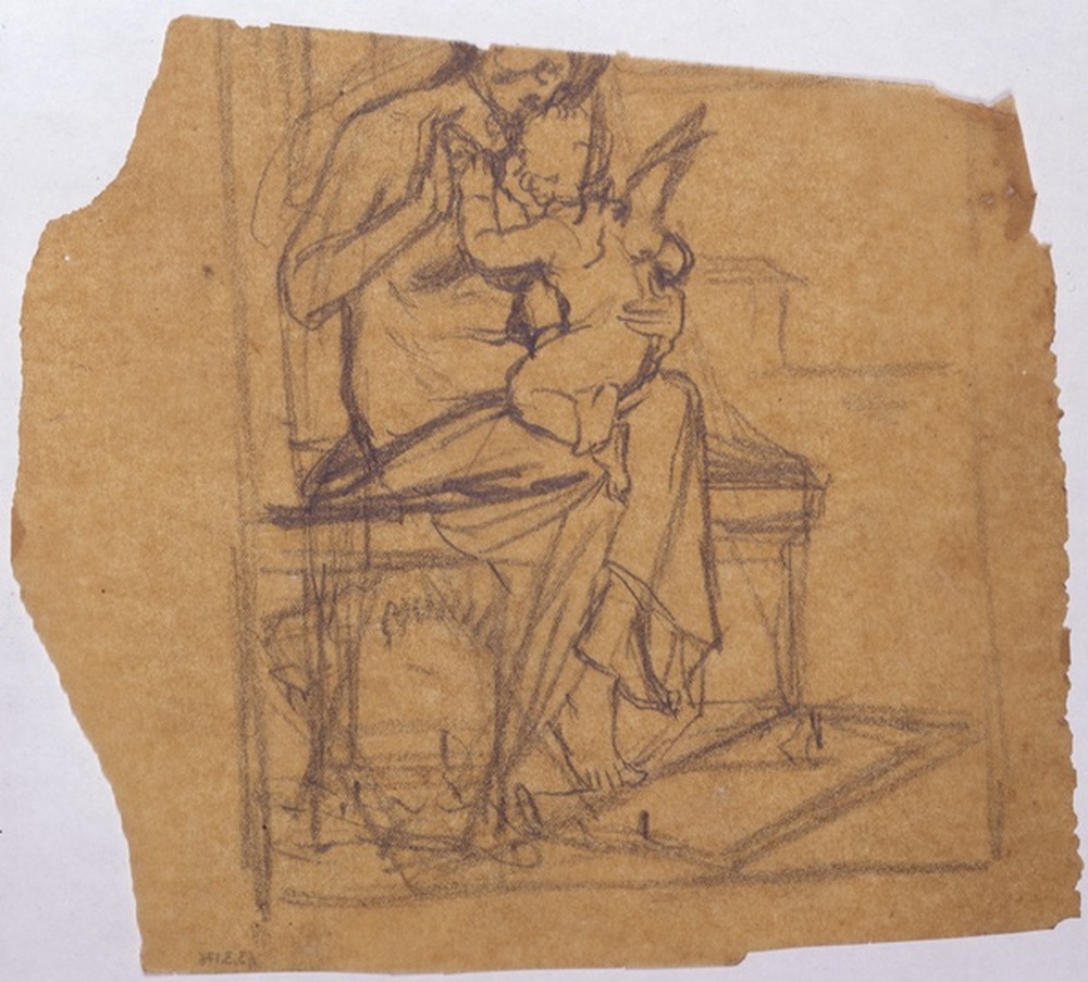 Femme assise, à demi drapée, embrassée par un angelot, dans un encadrement