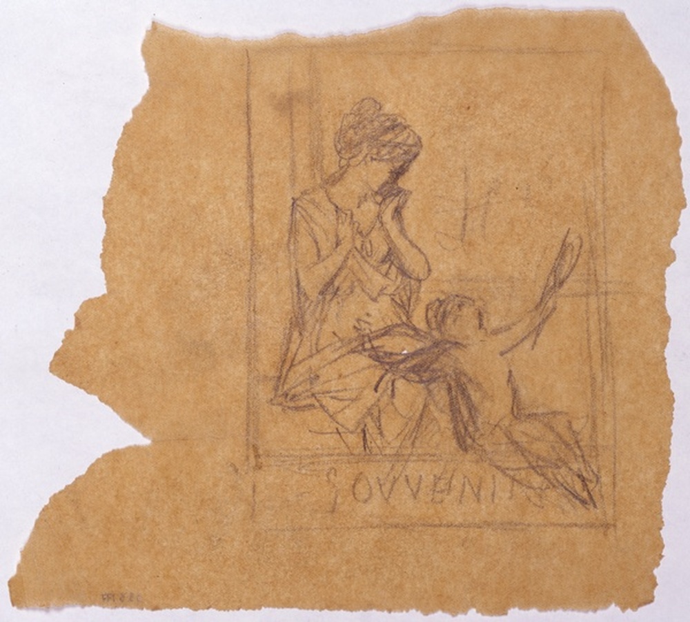 Femme assise, drapée, et un angelot, dans un encadrement