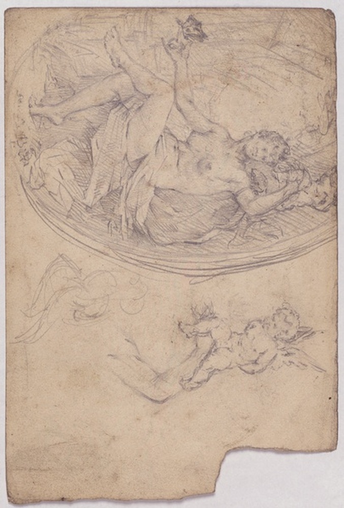 Femme nue assise dans un paysage, un angelot sur son bras gauche levé, dans un encadrement ovale ; reprise de l'angelot sur le bras gauche ; verso : femme drapée debout ; femme à mi-corps