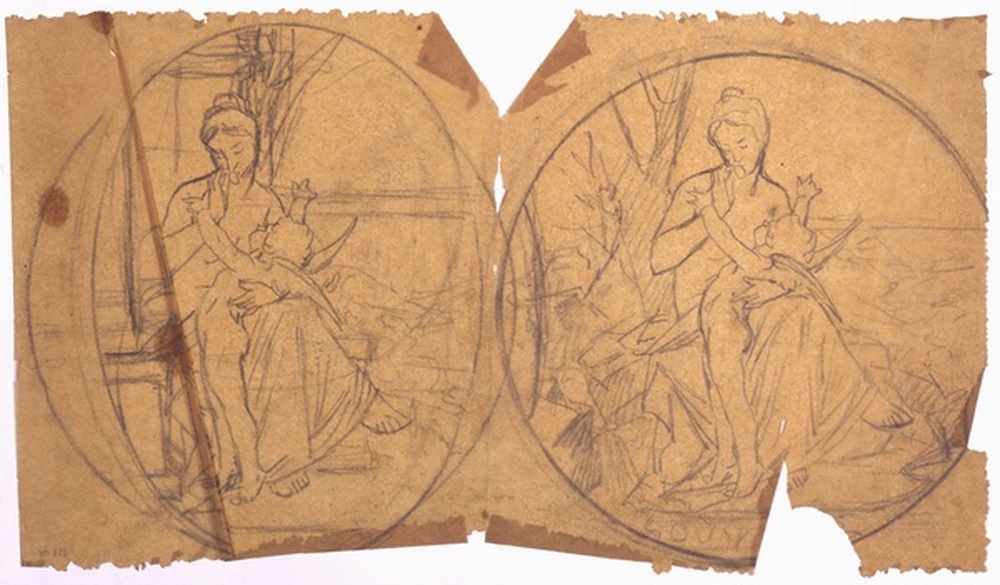 Deux études d'une femme assise, enlaçant un angelot de son bras gauche, chacune dans un encadrement ; verso : deux études d'une femme assise enlaçant un angelot de son bras gauche, chacune dans un encadrement