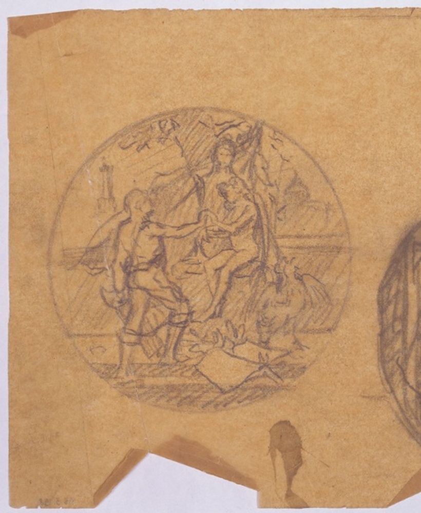 Un homme remettant un objet à un garçon assis près d'une statue, dans un médaillon ; verso : un homme tenant une lyre près d'un garçon assis près d'une statue, dans un médaillon