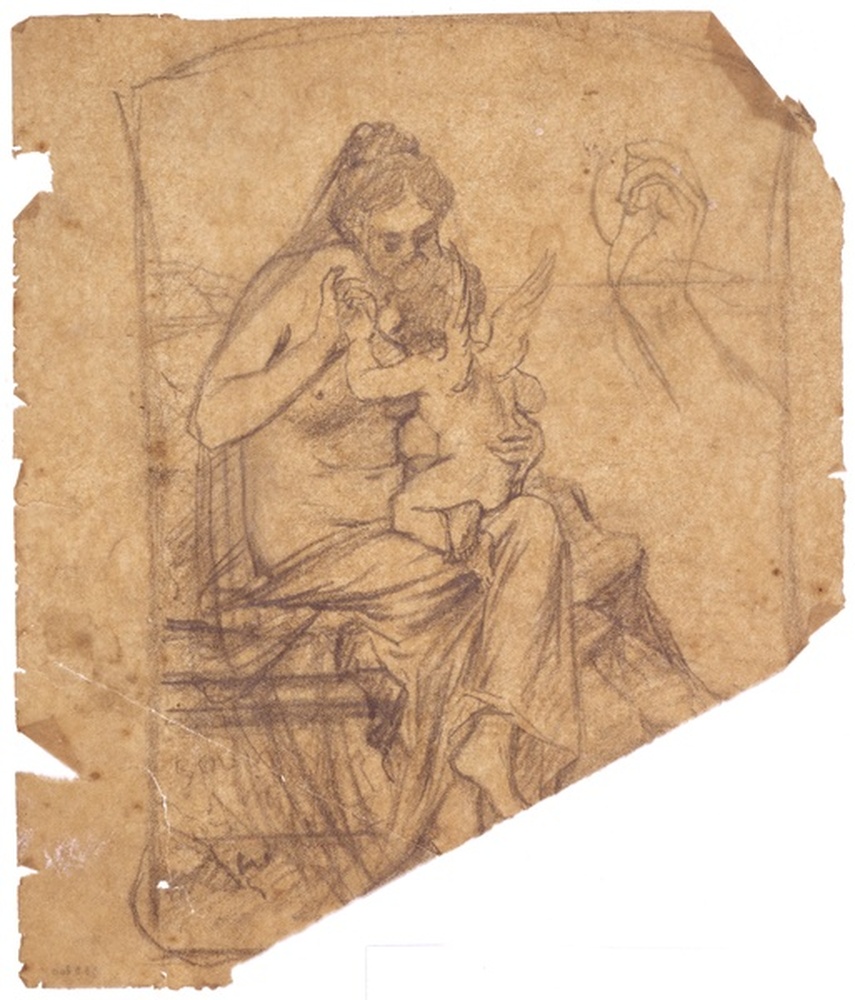 Femme assise, à demi drapée, embrassée par un angelot, dans un encadrement ; verso : étude d'une main