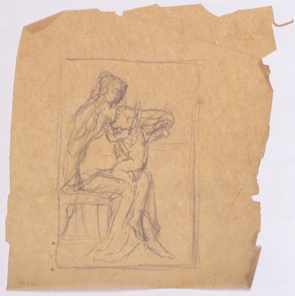 Femme assise, à demi drapée, embrassée par un angelot, dans un encadrement