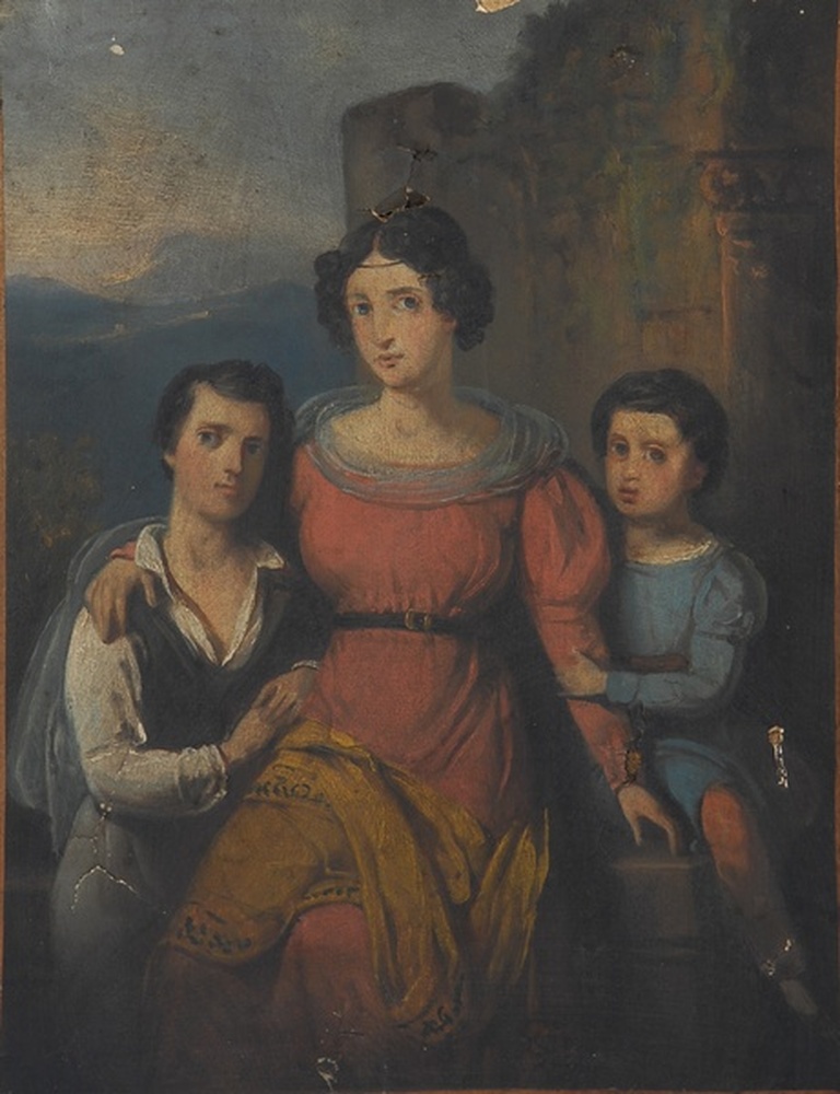Femme avec deux enfants près d'une ruine (genre Troubadour)