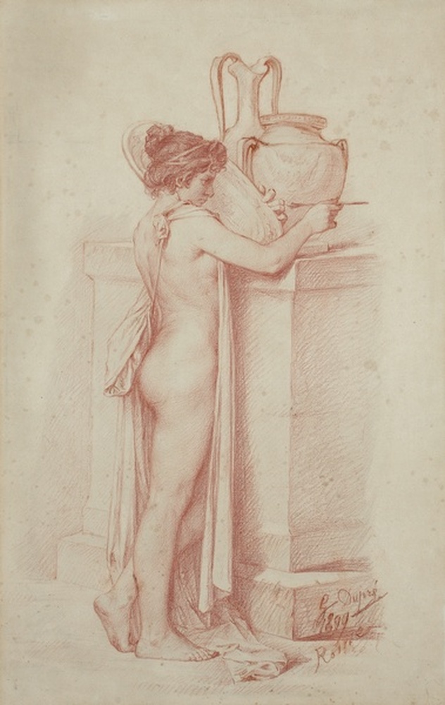 Femme nue, debout, tenant un objet près d'un socle surmonté de vases