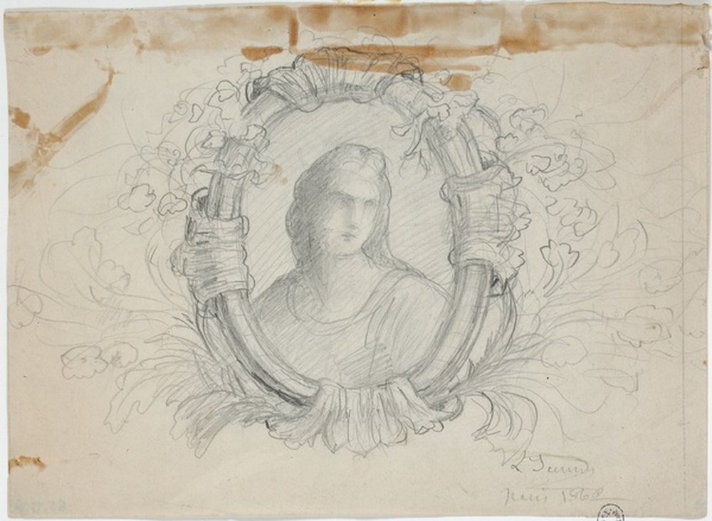 Buste de femme dans une guirlande de fleurs