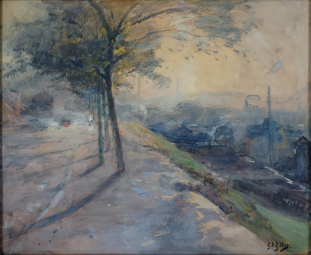 Route bordée d'arbres dominant un paysage minier