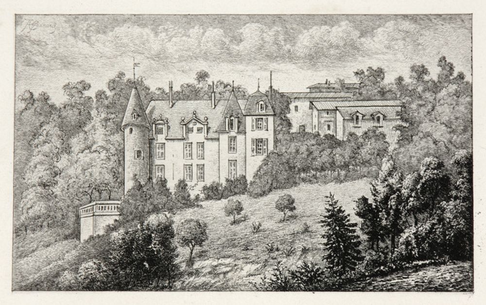 Vue d'un château, des bâtiments au fond à droite