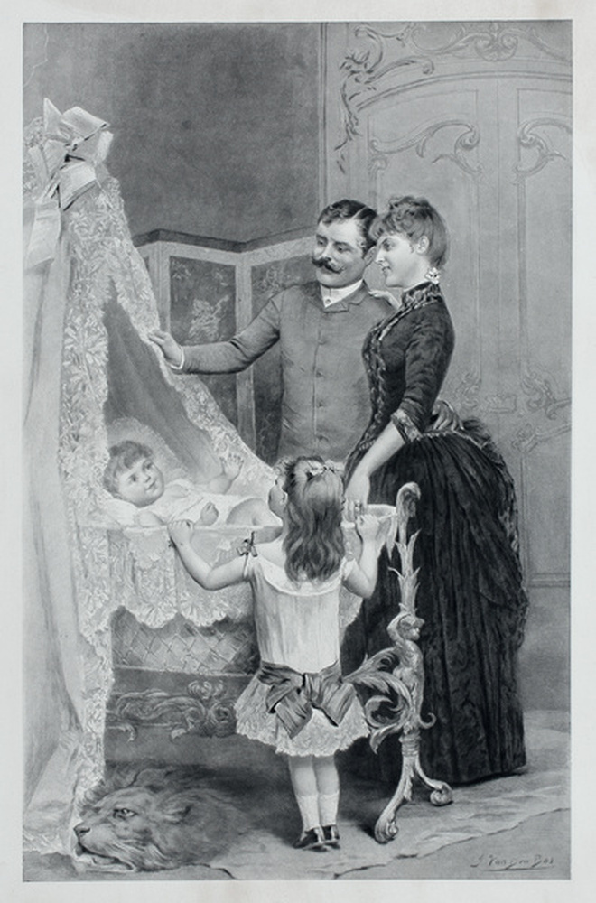 Famille auprès d'un berceau