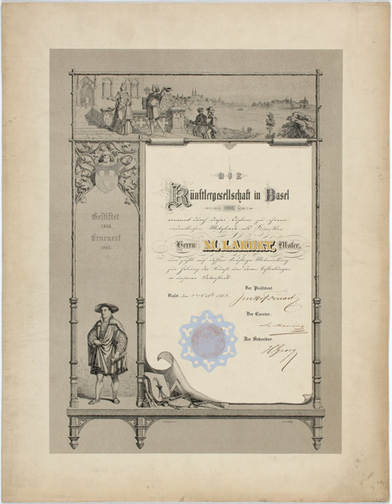 Société des artistes de Bâle : diplôme du peintre Lardet