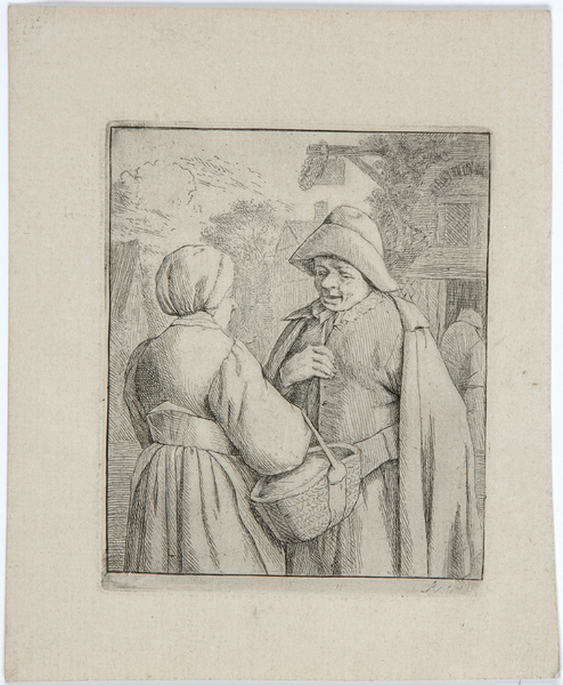 Homme discutant avec une femme qui tient un panier