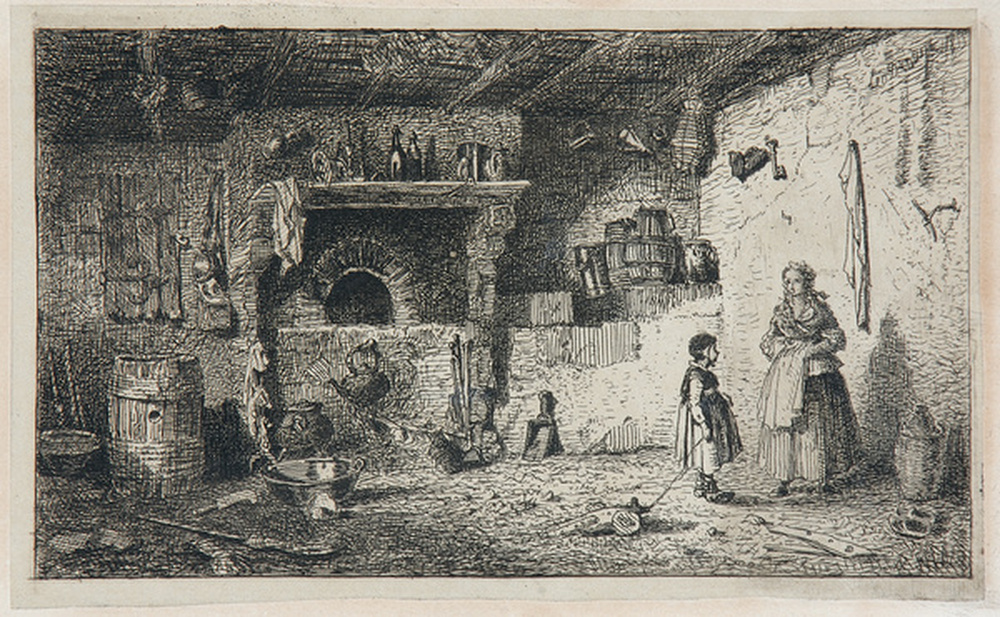 Intérieur de ferme avec jeune femme et enfant