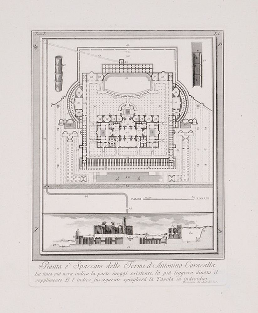 Plan et coupe des thermes de Caracalla