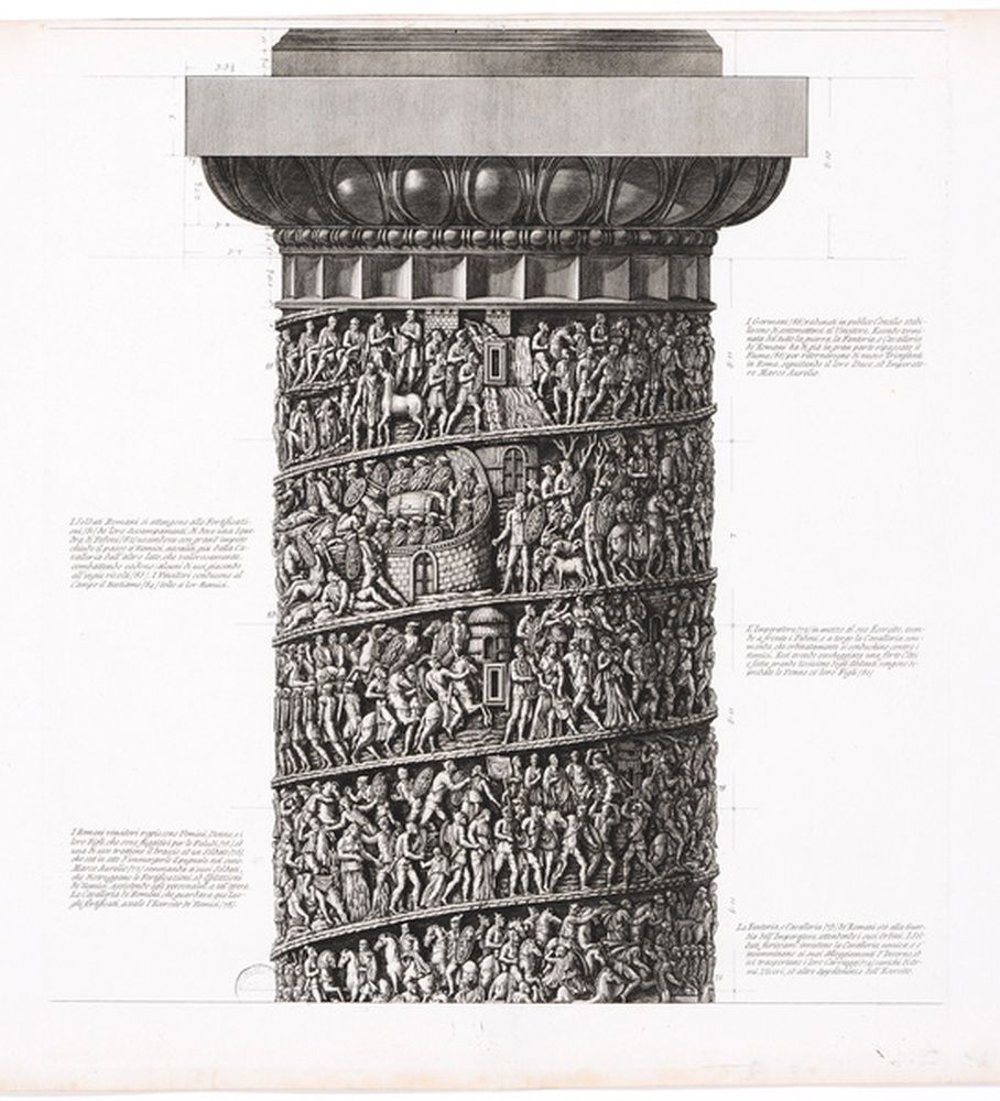 La colonne de Marc-Aurèle vue de face : tiers supérieur et chapiteau