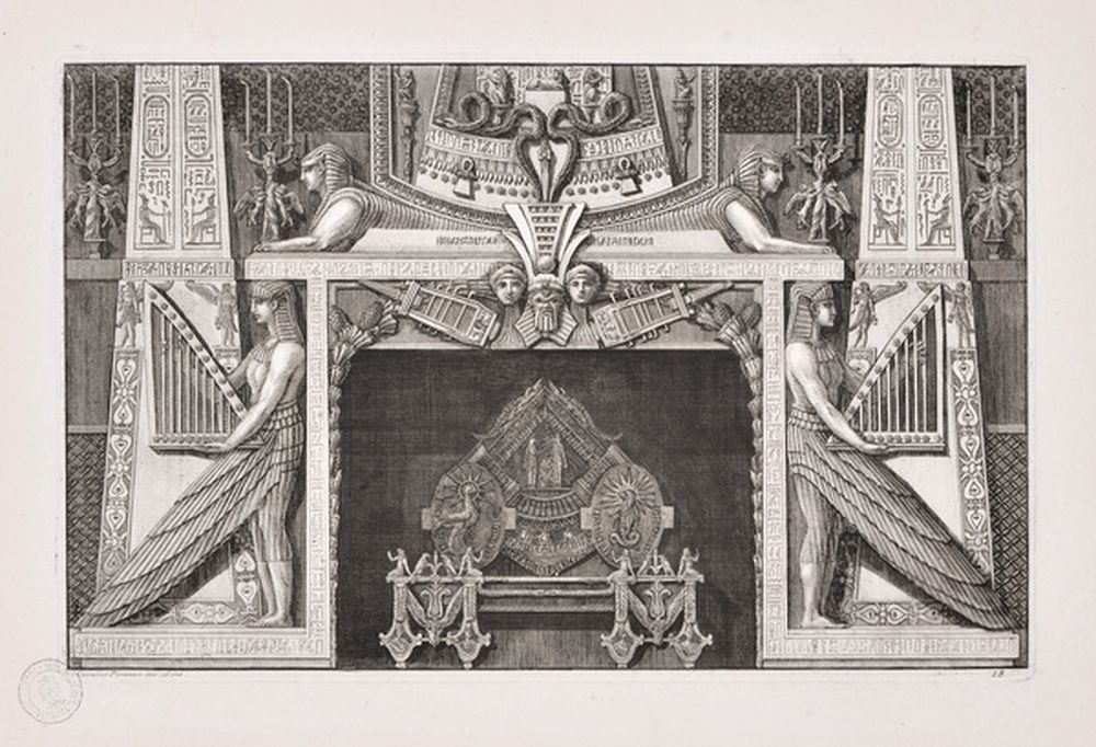 Dessin d'une cheminée à l'égyptienne avec deux grandes figures jouant de la harpe