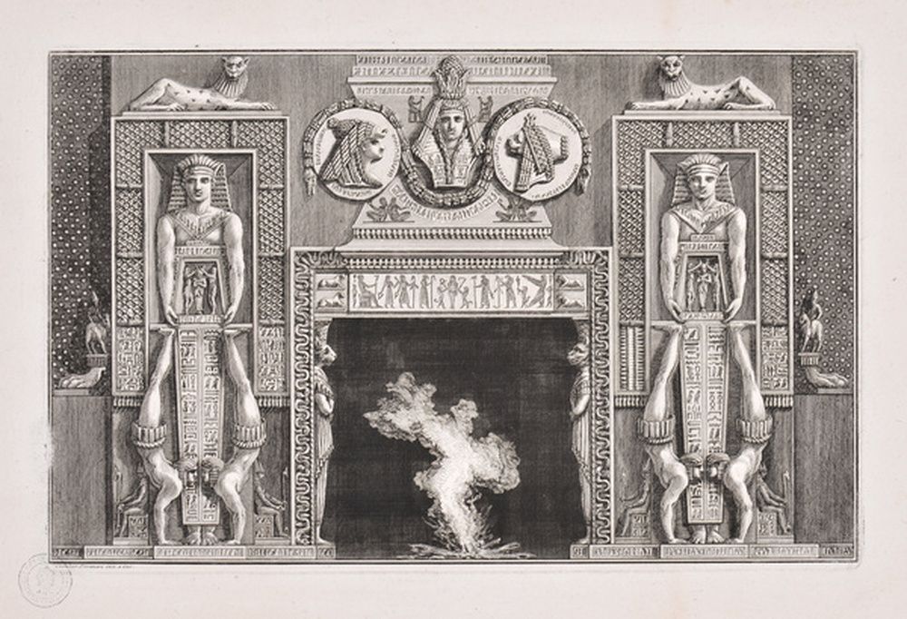Dessin d'une cheminée à l'égyptienne avec montants ornés de figures renversées