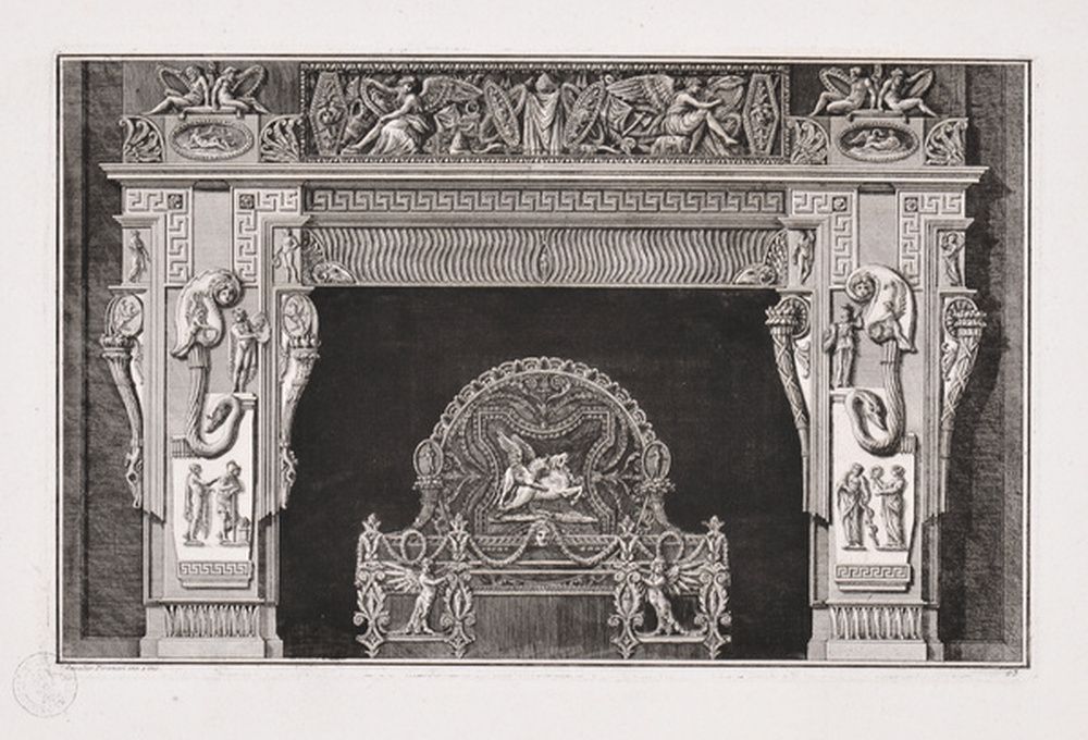 Dessin d'une cheminée ornée de bonnets phrygiens