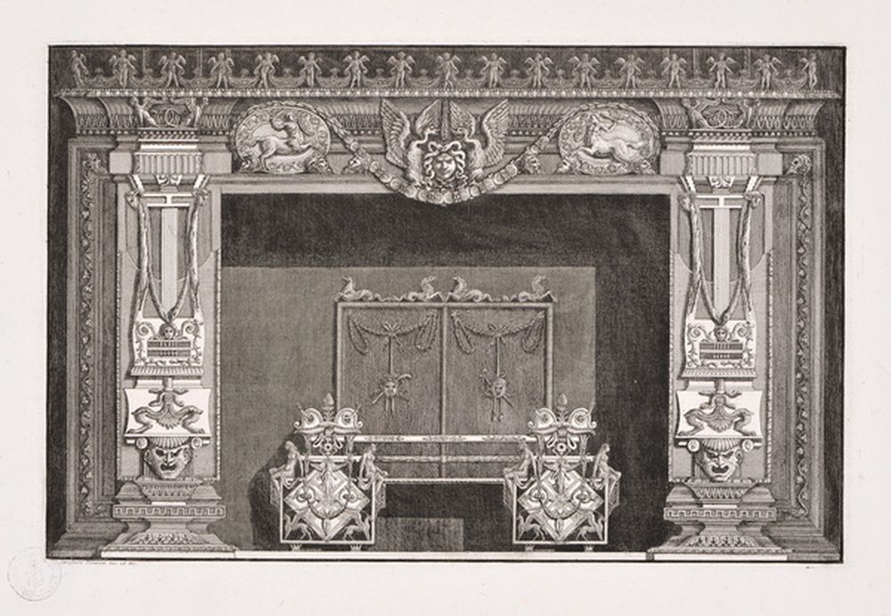 Dessin d'une cheminée ornée de la tête de méduse et de 2 centaures