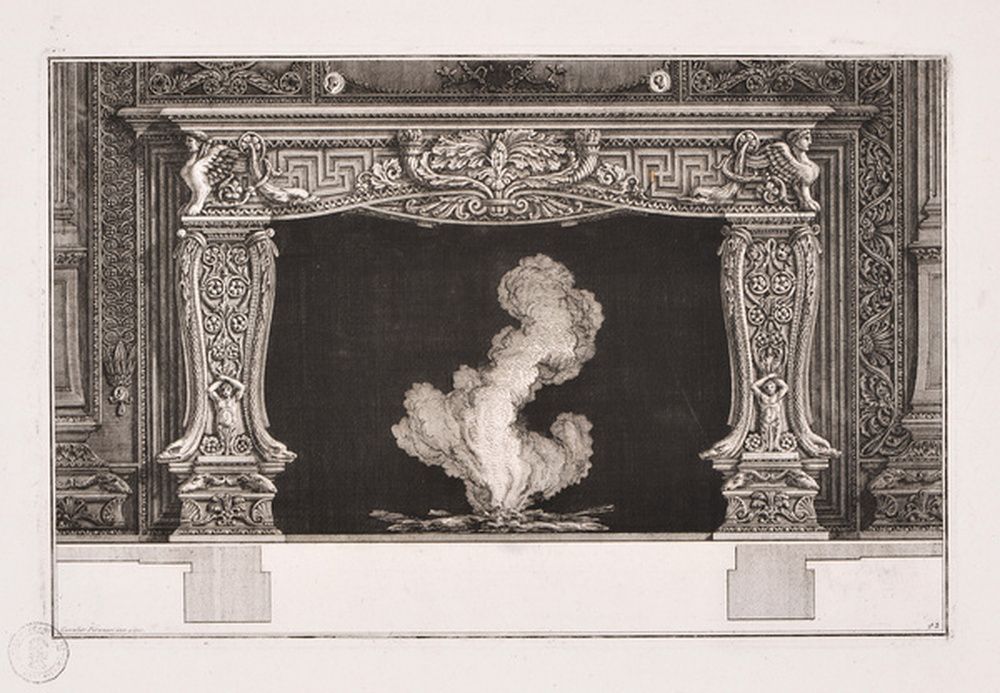 Dessin d'une cheminée ornée de cornes d'abondance et de feuillages
