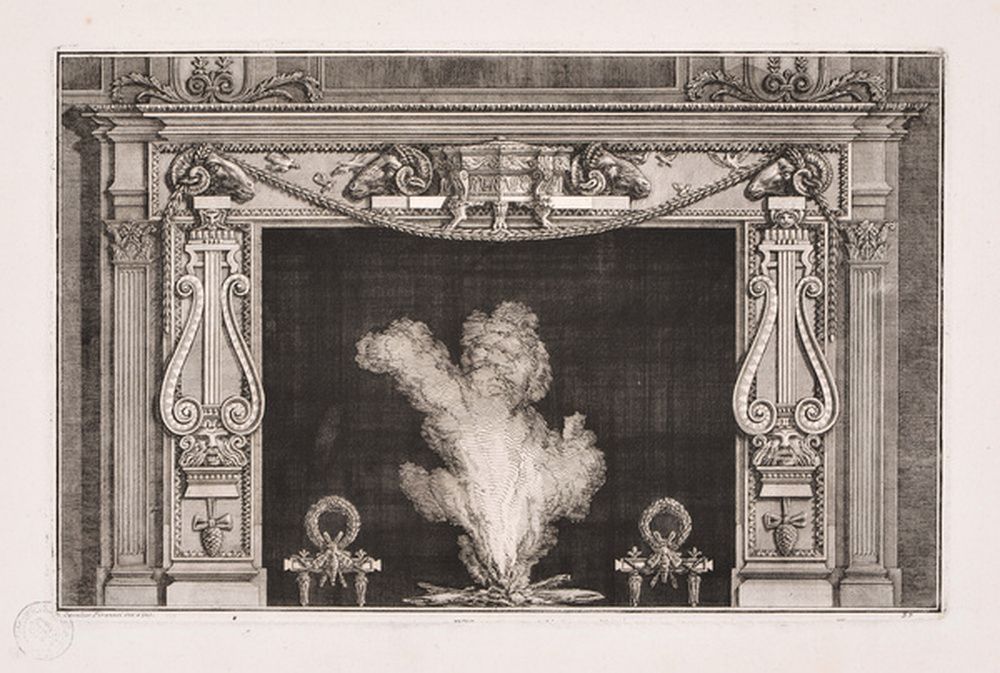 Dessin d'une cheminée aux montants ornés de lyres