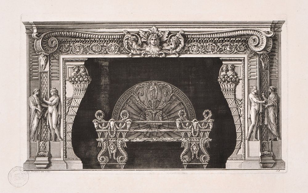 Dessin d'une cheminée aux montants ornés de divinités