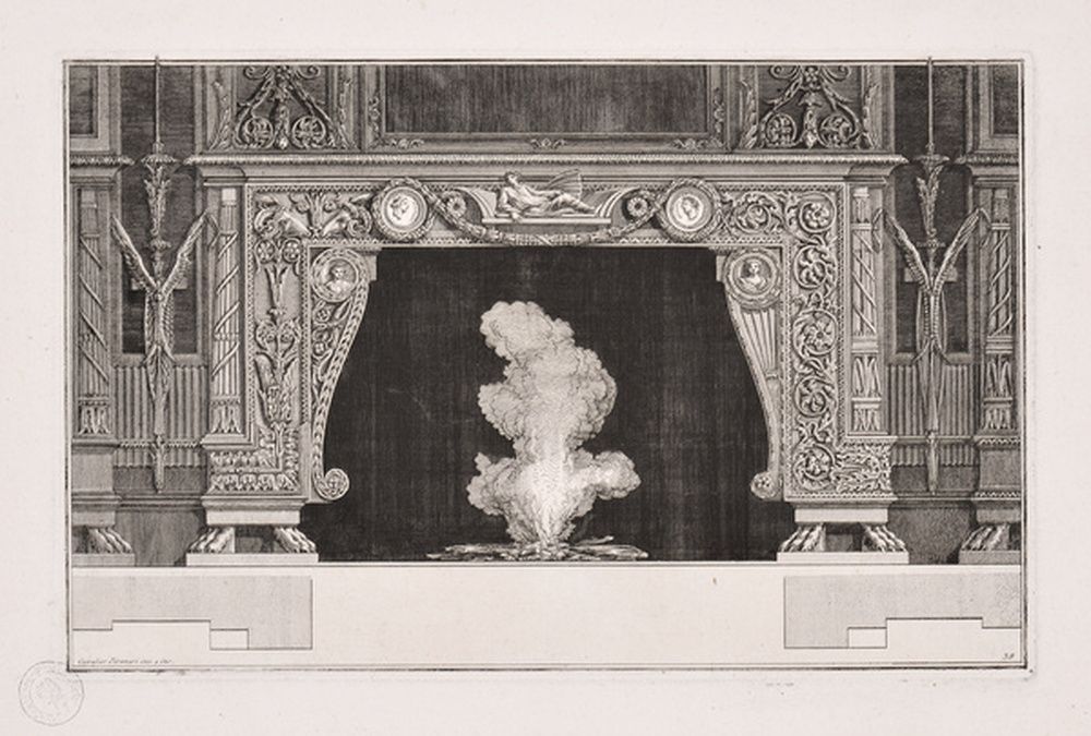 Dessin d'une cheminée ornée d'une femme allongée