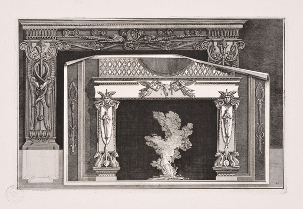 Dessin pour deux cheminées dont une sur un trompe l'oeil de papier