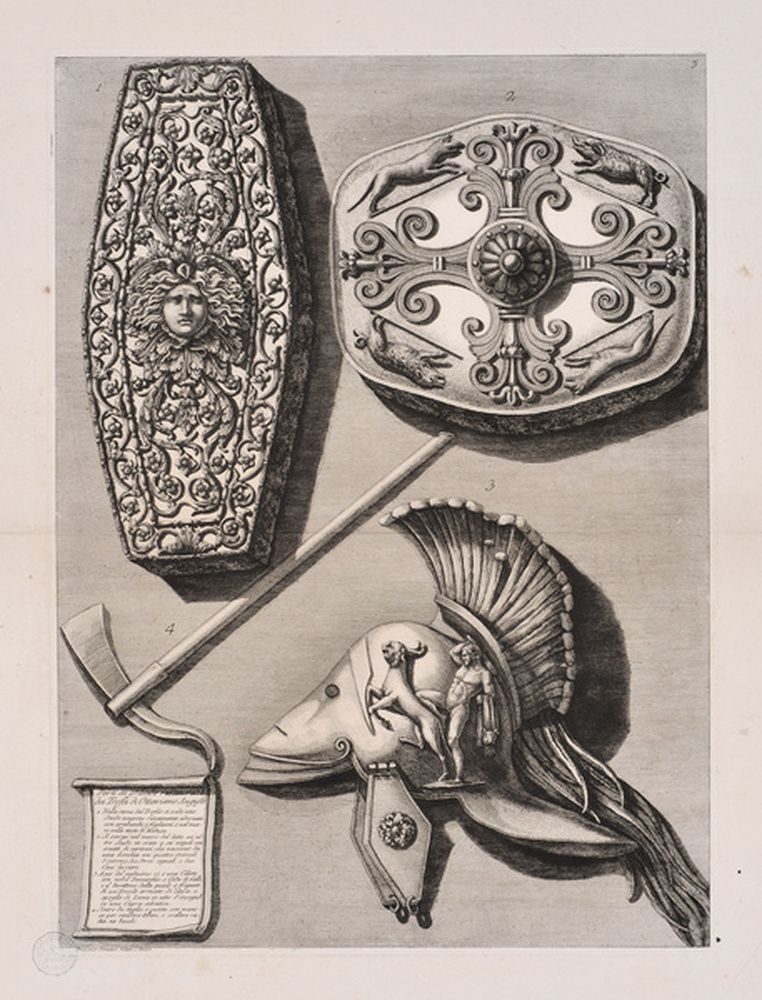 Partie du Trophée d'Octave : casque et boucliers